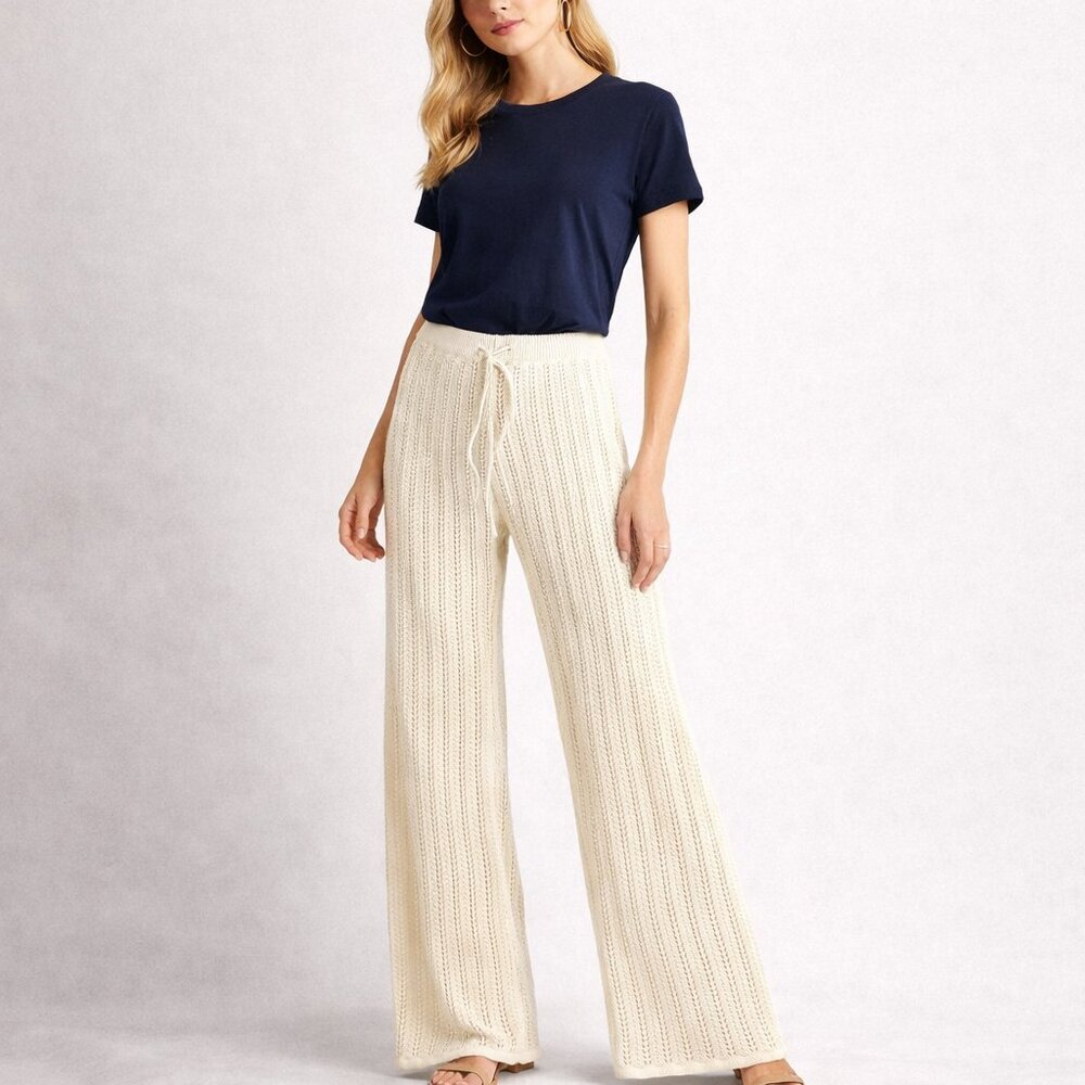 Noisy May Crochet Knit Wide Leg Pants Ivory 100% Cotton Drawstring NWT - Large